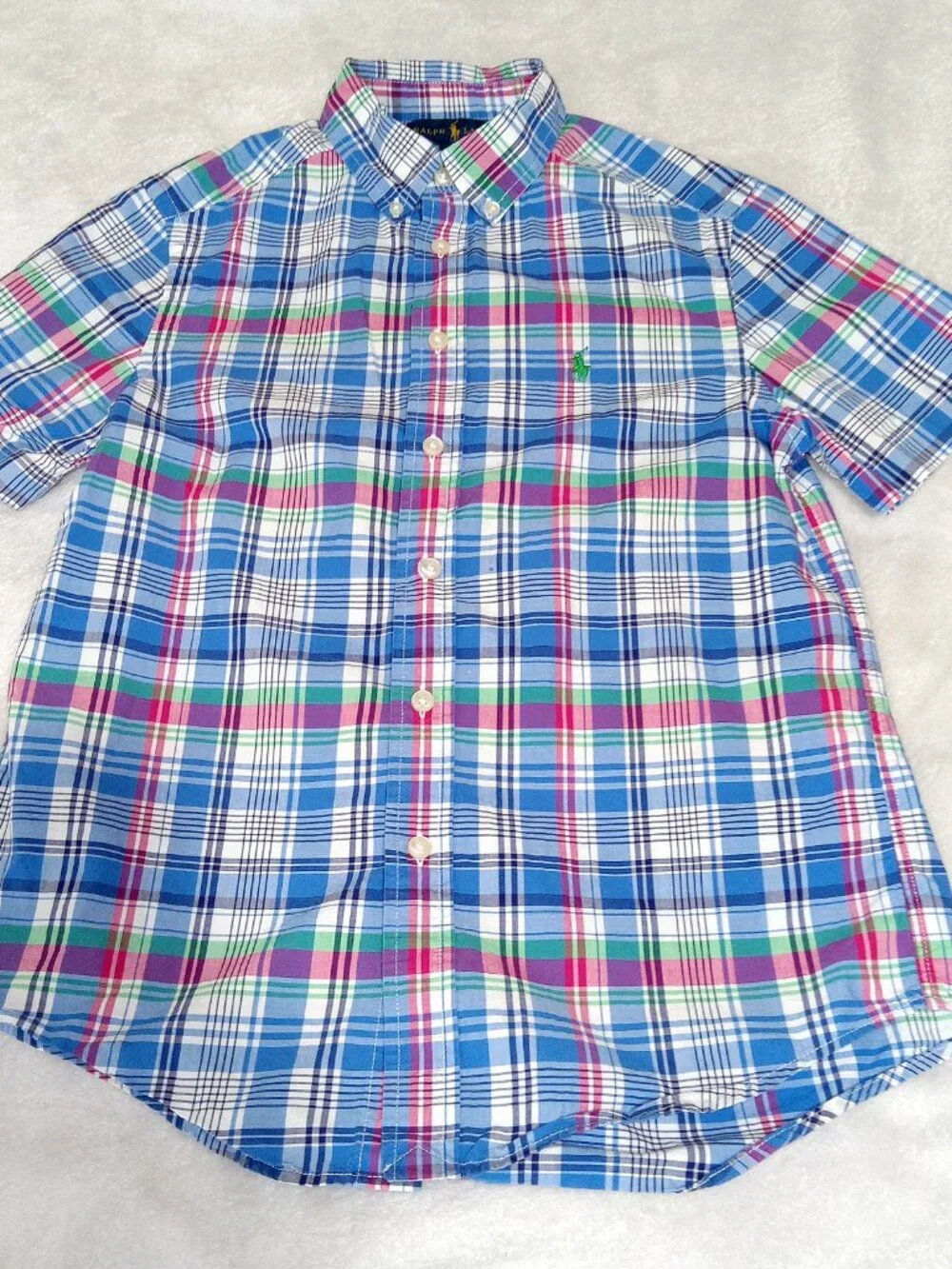 Ralph Lauren Boys Plaid Button Down Shirt Size M 10/12 Blue Green Preppy Coastal